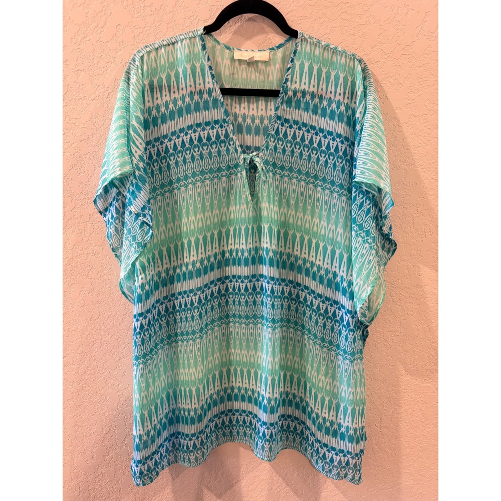 Francesca's Turquoise Green Ikat Geometric Sheer Swim Cover Up Kaftan S/M